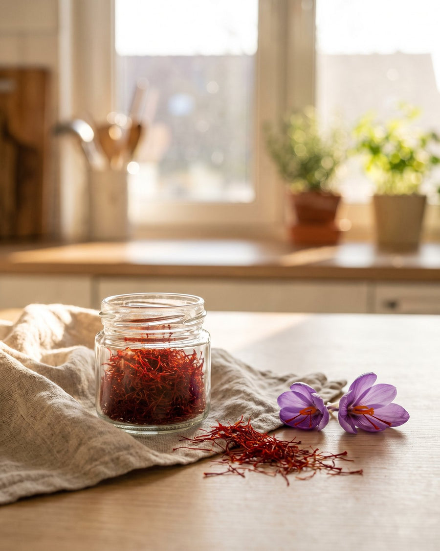 A small glass jar of crimson saffron threads on a linen cloth beside purple crocus flowers
