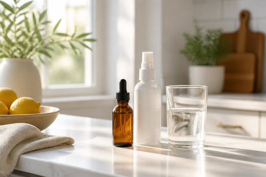 Zeolite drops and spray beside a glass of water on a bright kitchen counter