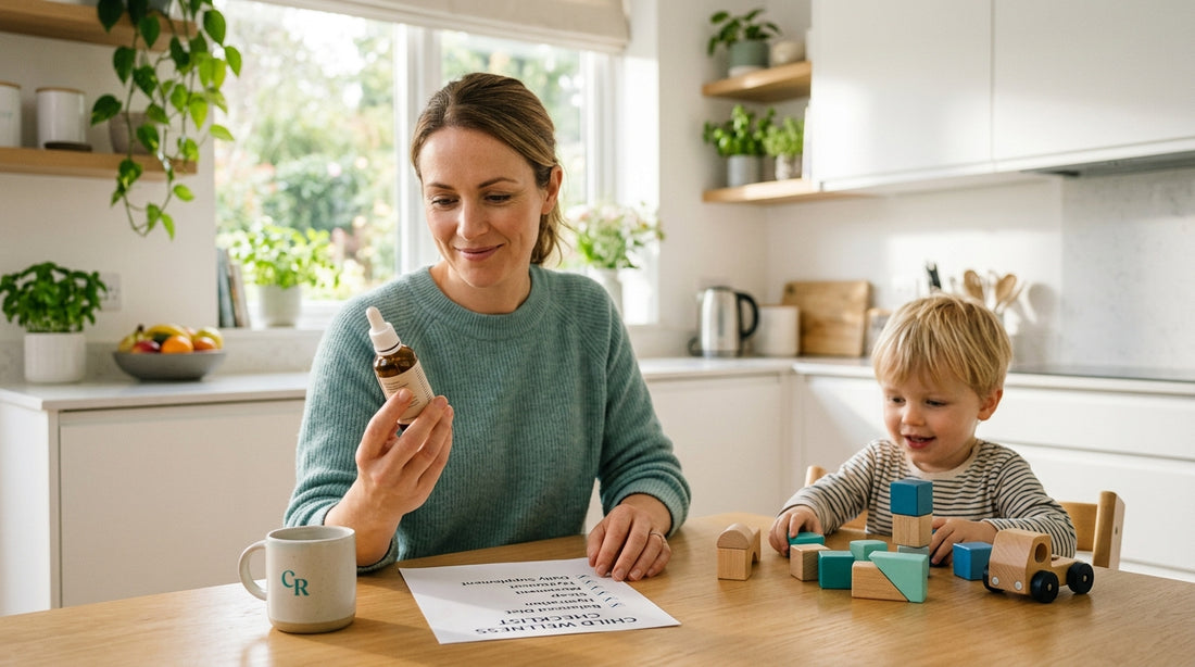 Parent reviewing a Baby Brights Detox safety checklist and child wellness supplement label