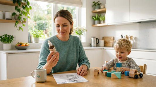 Parent reviewing a Baby Brights Detox safety checklist and child wellness supplement label