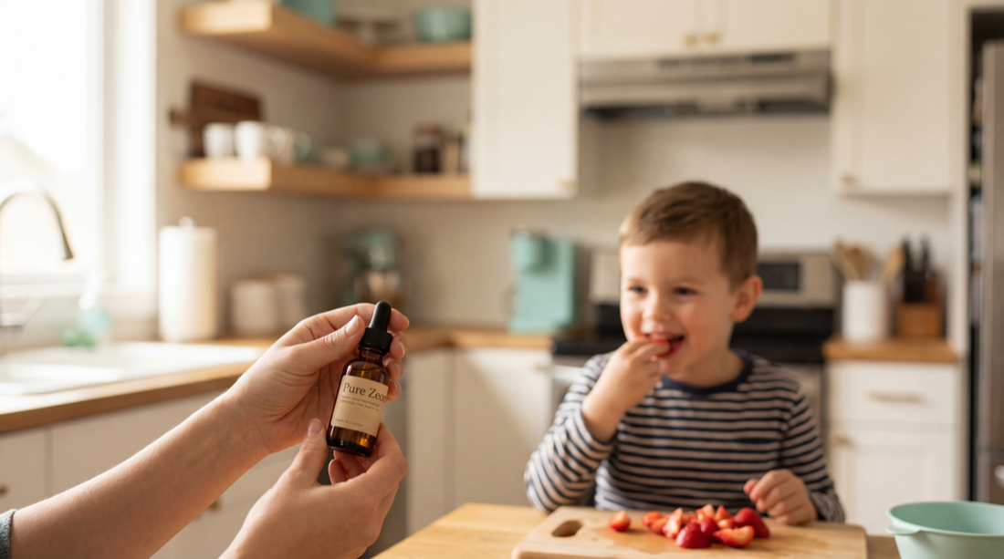 Parent holding Pure Zeo zeolite spray with child in bright kitchen setting