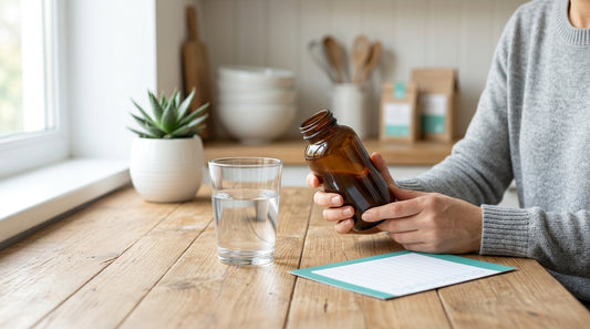 kids supplement safety checklist with water and parent reviewing a plain supplement bottle