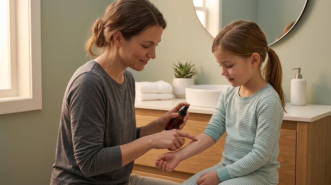 Parent patch testing magnesium spray for kids on a child’s forearm