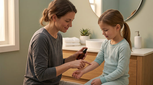 Parent patch testing magnesium spray for kids on a child’s forearm