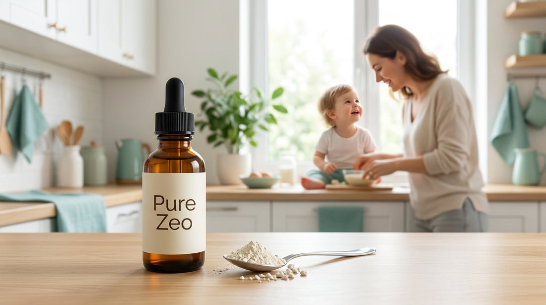 Pure zeo dropper bottle with mineral powder in a bright family kitchen