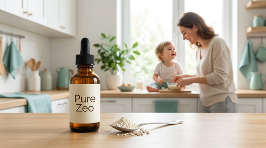 Pure zeo dropper bottle with mineral powder in a bright family kitchen