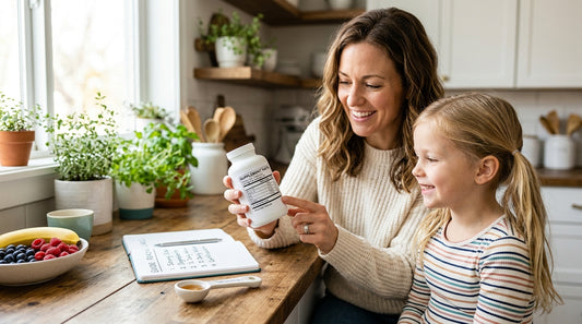 Parent and child reviewing supplement labels for kids