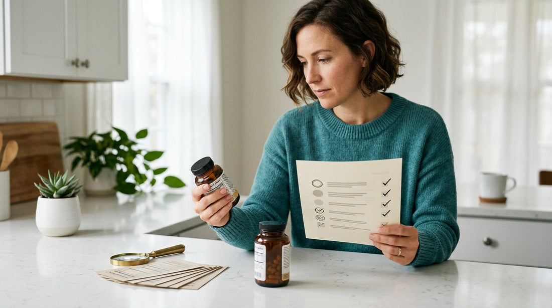 Parent comparing supplement certification and quality information