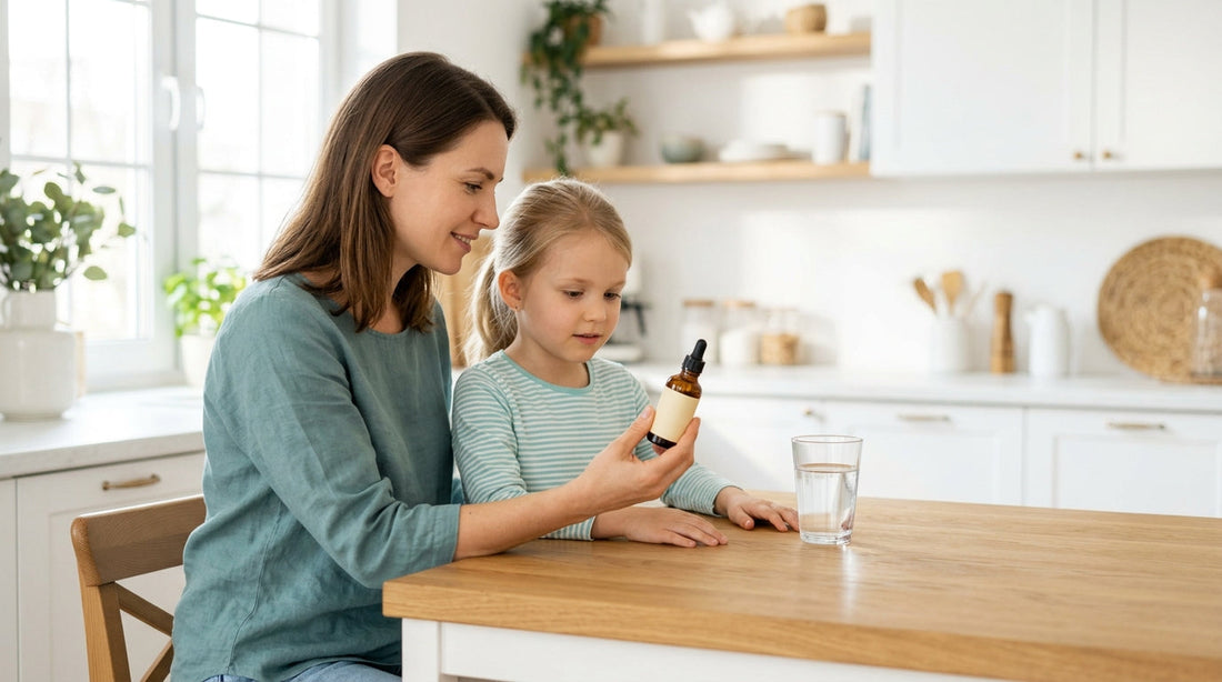 Parent and child reviewing a Zeo kids detox supplement label together