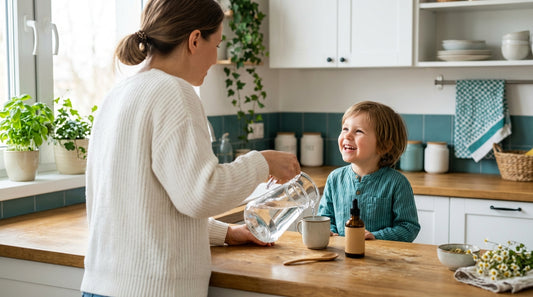 Parent preparing zeolite detox for kids liquid drops with water in a bright kitchen