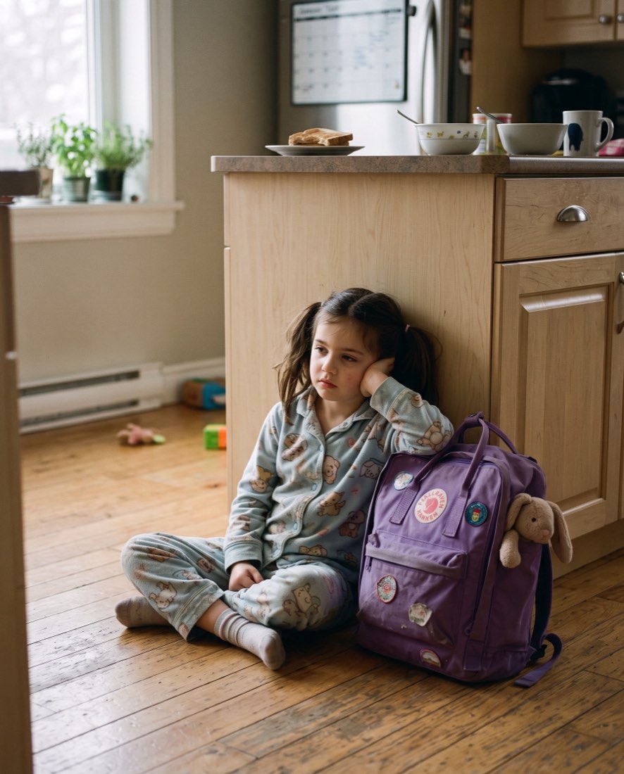 A young girl sitting on the kitchen floor in pyjamas, not ready for school