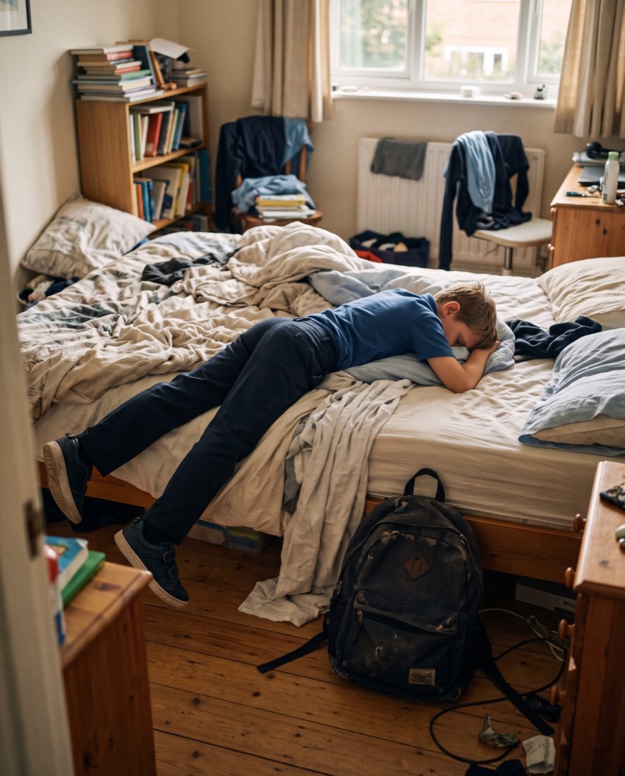 A boy face down on his bed still in school uniform in the late afternoon