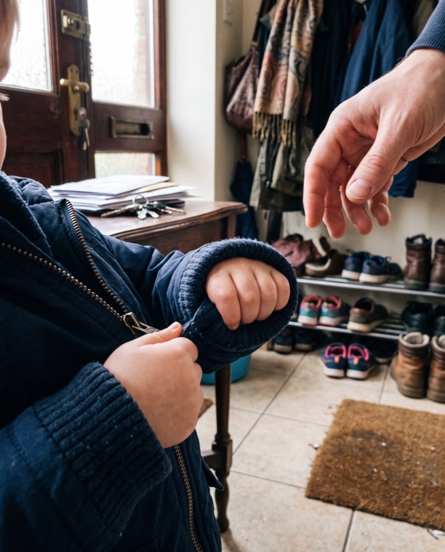 A small child's hands struggling with a jacket zip at the front door