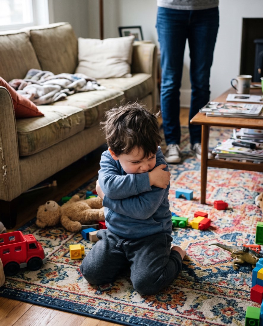 A young child mid-tantrum on a living room rug surrounded by toys