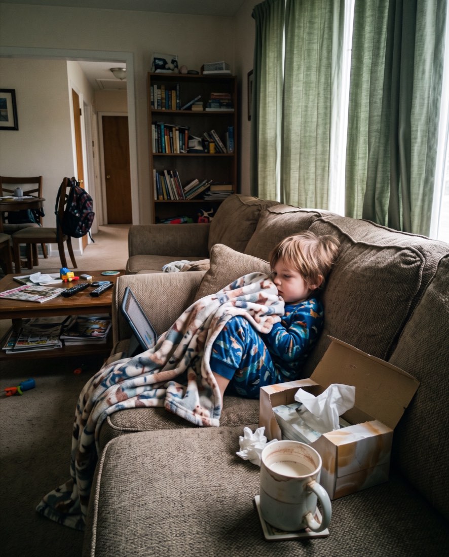 A child wrapped in a blanket on the sofa on a weekday morning