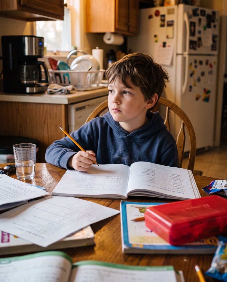 A boy staring past an open homework book at the kitchen table