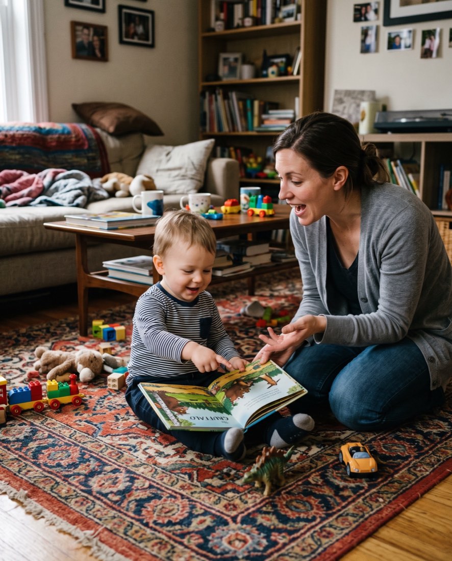 A toddler pointing at a picture book while a parent kneels beside them