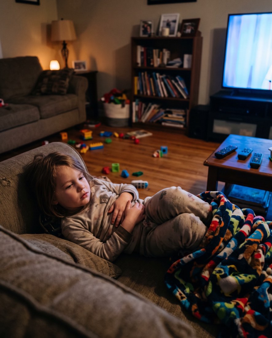 A young child curled on the sofa holding their stomach