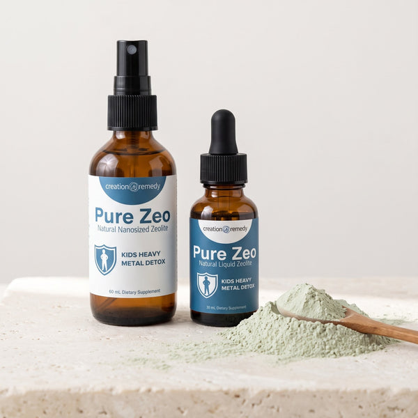 Pure Zeo spray and drops beside a small mound of soft green zeolite powder and a wooden spoon