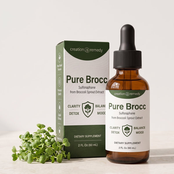 Pure Brocc sulforaphane drops and carton beside fresh broccoli sprouts