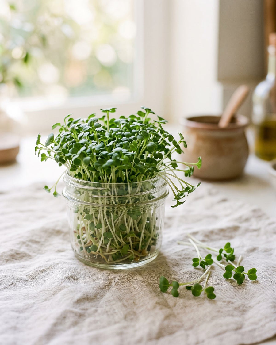 A small glass jar overflowing with fresh broccoli sprouts on a linen cloth