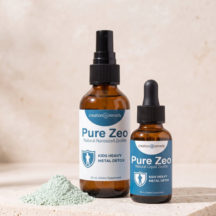 Pure Zeo spray and drops beside a small heap of pale mint-green zeolite powder