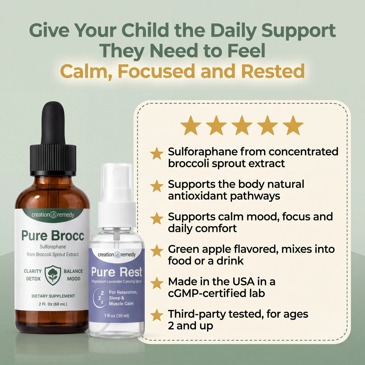 Pure Brocc and Pure Rest bottles beside a five star list: sulforaphane from concentrated broccoli sprout extract, green apple flavored, mixes into food or a drink, made in the USA in a cGMP certified lab and third party tested for ages 2 and up