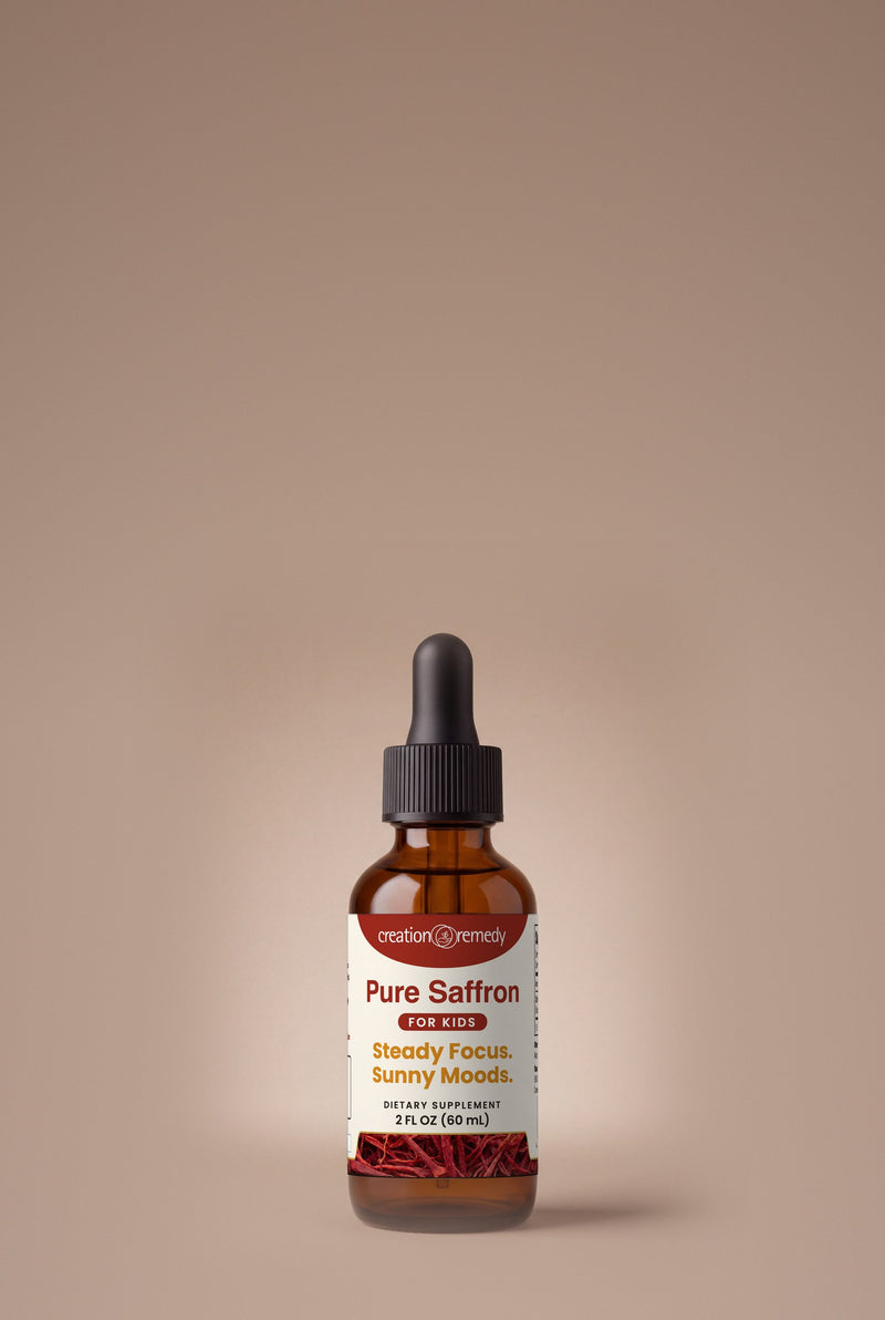 Pure Saffron for Kids, the 2 oz amber dropper bottle with its crimson label
